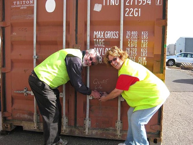 And then our Robyn Brooke seals the container with Richard Potter from Rotary, Brighton North. - Melbourne to Vanuatu ©  John Curnow