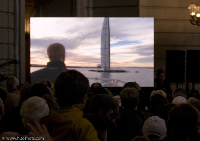 The crowd is entertained by a 4 minute trailer made by Mr E’s son © Erik Simonson/ h2oshots.com