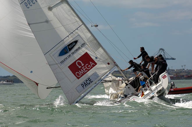 Bertrand Pace broaches in his RR2 match against Francesco Bruni. Omega Auckland Match Race Regatta. 4/3/2010 © Chris Cameron/ETNZ http://www.chriscameron.co.nz