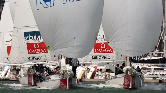 Torvar Mirsky gets one over Adam Minoprio. RR1. Omega Auckland Match Race Regatta. 4/3/2010 © Chris Cameron/ETNZ http://www.chriscameron.co.nz