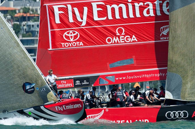 Emirates Team New Zealand race Mascalzone Latino (ITA) on day two of the Louis Vuitton Trophy 2010. Auckland, New Zealand. &copy; Chris Cameron/ETNZ http://www.chriscameron.co.nz