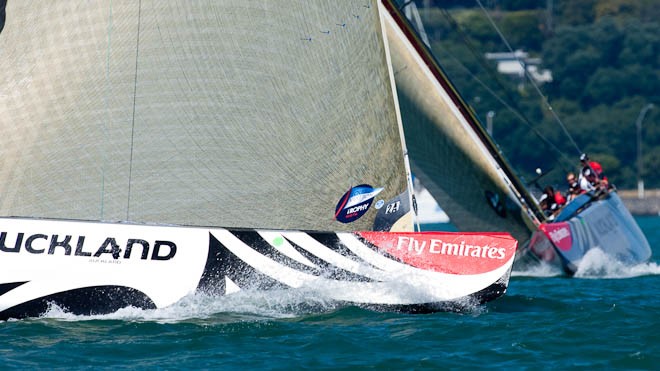 Emirates Team New Zealand race Mascalzone Latino (ITA) on day two of the Louis Vuitton Trophy 2010. Auckland, New Zealand. &copy; Chris Cameron/ETNZ http://www.chriscameron.co.nz