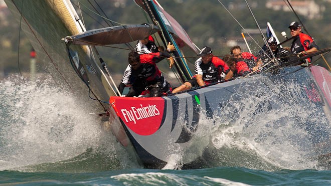 Emirates Team New Zealand race Mascalzone Latino (ITA) on day two of the Louis Vuitton Trophy 2010. Auckland, New Zealand. &copy; Chris Cameron/ETNZ http://www.chriscameron.co.nz