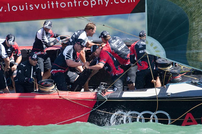 Emirates Team New Zealand race Mascalzone Latino (ITA) on day two of the Louis Vuitton Trophy 2010. Auckland, New Zealand. &copy; Chris Cameron/ETNZ http://www.chriscameron.co.nz