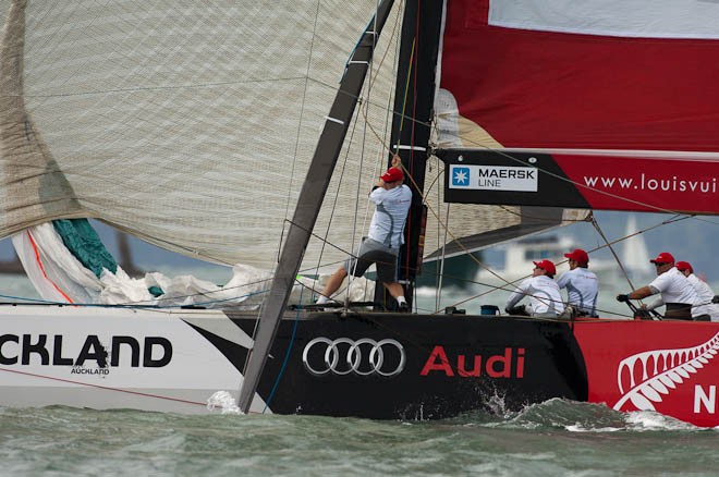 Artemis (SWE) drop the spinnaker pole in the water on the hoist at the first mark in their Round Robin match against Azzurra (ITA). Louis Vuitton Trophy.  Auckland, New Zealand. 13/3/2010 &copy; Chris Cameron/ETNZ http://www.chriscameron.co.nz