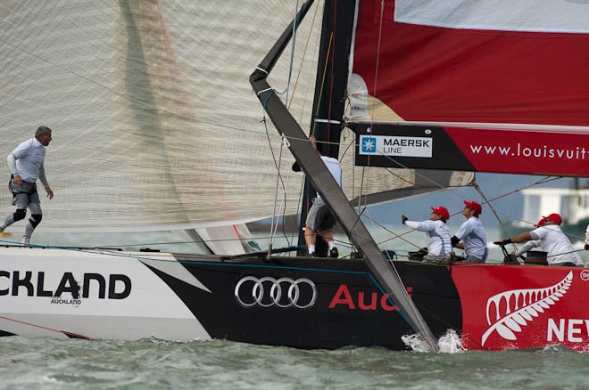 Artemis (SWE) drop the spinnaker pole in the water on the hoist at the first mark in their Round Robin match against Azzurra (ITA). Louis Vuitton Trophy.  Auckland, New Zealand. 13/3/2010 &copy; Chris Cameron/ETNZ http://www.chriscameron.co.nz
