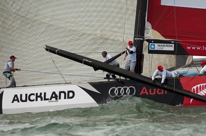 Artemis (SWE) drop the spinnaker pole in the water on the hoist at the first mark in their Round Robin match against Azzurra (ITA). Louis Vuitton Trophy.  Auckland, New Zealand. 13/3/2010 &copy; Chris Cameron/ETNZ http://www.chriscameron.co.nz