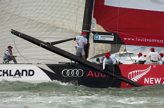 Artemis (SWE) drop the spinnaker pole in the water on the hoist at the first mark in their Round Robin match against Azzurra (ITA). Louis Vuitton Trophy.  Auckland, New Zealand. 13/3/2010 &copy; Chris Cameron/ETNZ http://www.chriscameron.co.nz