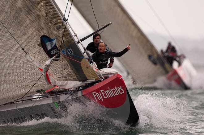 Aleph (FRA) approach the first mark ahead of Emirates Team New Zealand on day six of the Round Robin of the Louis Vuitton Trophy. Auckland New Zealand. 15/3/2010 &copy; Chris Cameron/ETNZ http://www.chriscameron.co.nz