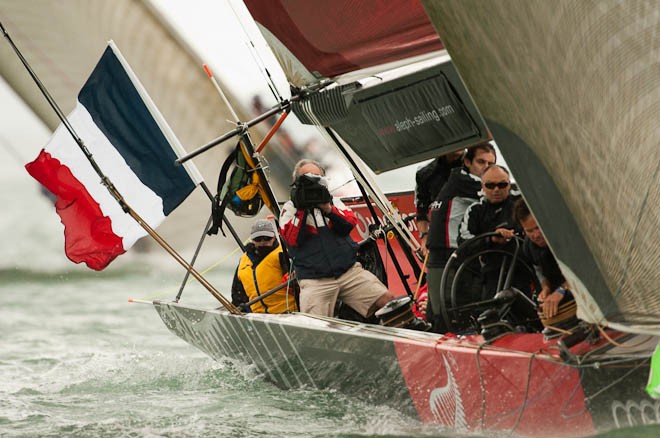 Aleph (FRA) approach the first mark ahead of Emirates Team New Zealand on day six of the Round Robin of the Louis Vuitton Trophy. Auckland New Zealand. 15/3/2010 &copy; Chris Cameron/ETNZ http://www.chriscameron.co.nz