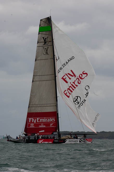 Emirates Team new Zealand blow out a spinnaker in their race against Aleph (FRA) on day six of the Round Robin of the Louis Vuitton Trophy. Auckland New Zealand. 15/3/2010 &copy; Chris Cameron/ETNZ http://www.chriscameron.co.nz