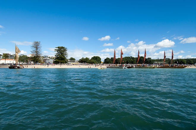 Te Kumete O Te Mona Nui regatta for four Vaka prepare to sail down the Waitemata harbour. © Chris Cameron www.chriscameron.co.nz