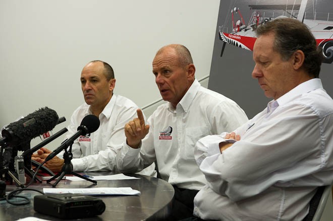 Emirates Team New Zealand’s Grant dalton makes a point while announcing the participation in the 2011-12 Volvo Ocean Race. Kevin Shoebridge (left), and long time mentor and European connection, Matteo de Nora (right).  © Emirates Team New Zealand / Photo Chris Cameron ETNZ 