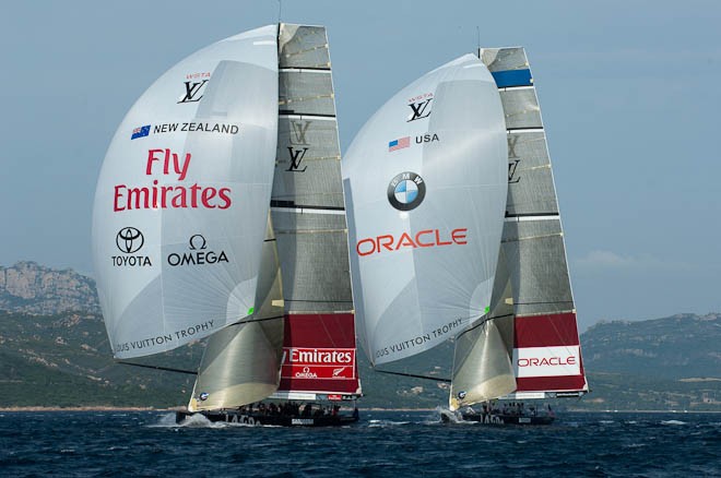 Emirates Team New Zealand leads BMW Oracle Racing (USA) down the first run of their re match. Louis Vuitton Trophy, La Maddalena, Sardinia, Italy. 30/5/2010 © Chris Cameron/ETNZ http://www.chriscameron.co.nz