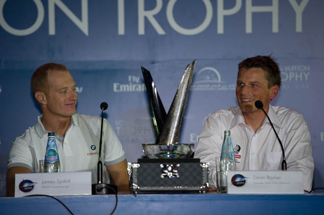 BMW Oracle skipper James Spithill and Emirates Team New Zealand skipper Dean Barker sit on either side of the Louis Vuitton Trophy at the Opening Ceremony press conference for the Louis Vuitton Dubai regatta.  © Chris Cameron/ETNZ http://www.chriscameron.co.nz