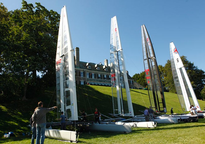 C-Class Cats at the New York Yacht Club’s Harbour Court. L-R, Patient Lady VI (France), Alpha (Australia) Orion (Canada) and Invictus (England).  © Christophe Launay