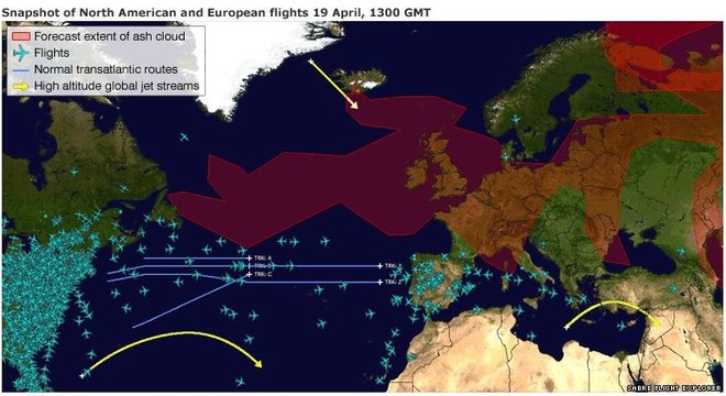 BBC Map showing the extent of the volcanic ash cloud on 19 April 2010 © SW