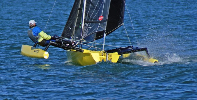 Whooping along in the Weta in just six knots or so of breeze - The hard part is giving it back - Weta Boat test - May 2010 © SW