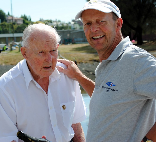 Veteran Hobart yachtsman Edis Boyes, 90, with Mike Wilkinson, owner of the new International Dragon class yacht Xanthos, launched at the RYCT  ©  Andrea Francolini Photography http://www.afrancolini.com/
