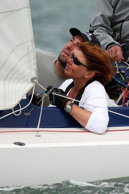 Charles Nankin and Sarah Ross Check Jib Trim - Dragon UK South Coast Championship 2010 © Fiona Brown http://www.fionabrown.com