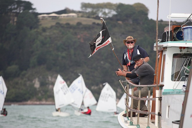 Gerald Martin Race Officer and Pete Cummings on the start boat - 2010 NZ Optimist Nationals - Whitianga ©  Will Calver - Ocean Photography http://www.oceanphotography.co.nz/