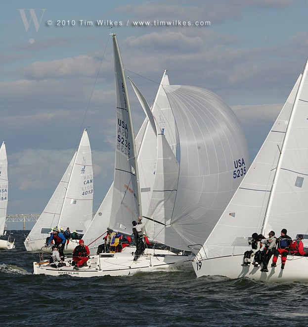 Tim Healy, East Coast and World Champion, is greeted by a wall of port layline boats while setting his kite. - J24 East Coast Championship © Tim Wilkes