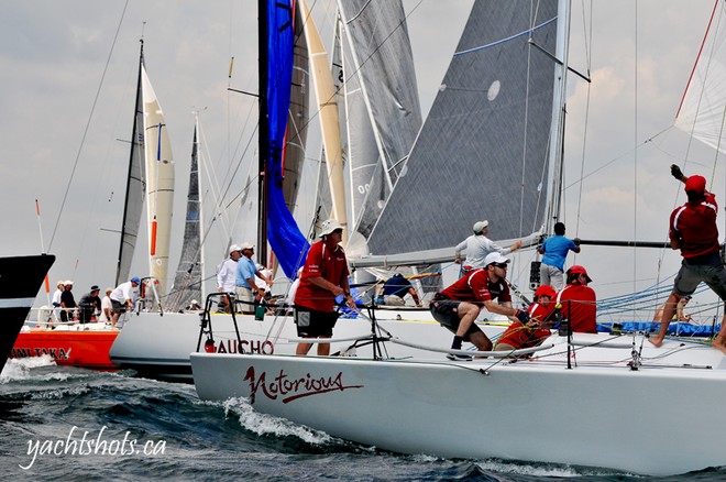 Umi Taka, Gaucho and Notorious cross the line at the start of the Lake Ontario 300 July 17, 2010. SAIL-WORLD.com/Jeff Chalmers (PORT CREDIT, Ont) - Lake Ontario 300 © Jeff Chalmers