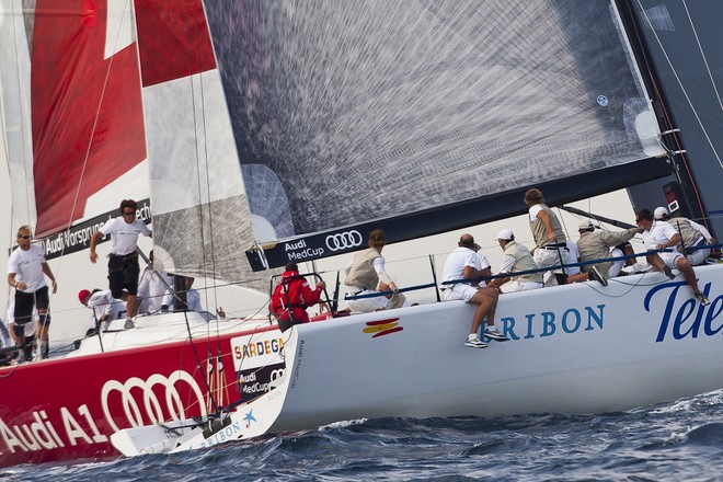 52 Series Day 2: Crash between Audi A1 powered by ALL4ONE and Bribon - Audi MedCup Region of Sardinia Trophy.  Photo: Stefano Gattini & Guido Trombetta-Studio Borlenghi/Audi MedCup © Stefano Gattini & Guido Trombetta-Studio Borlenghi