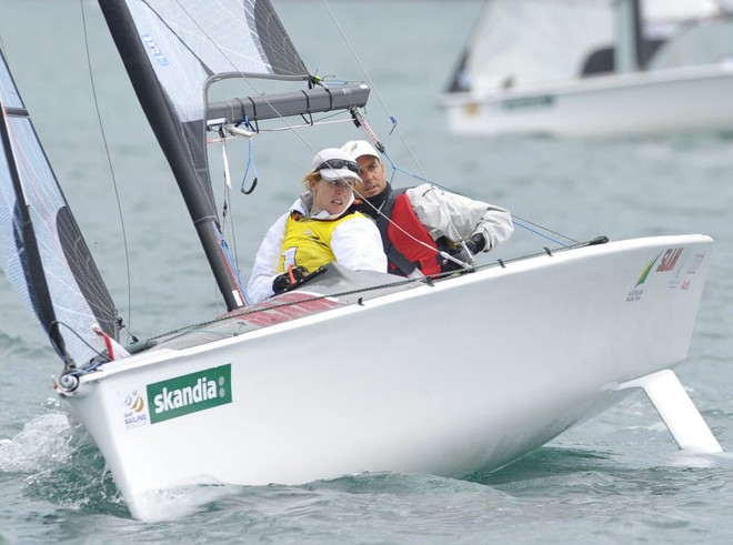 Rachael Cox and Daniel Fitzgibbon (AUS) in action before finishing in 1st overall in the Skud-18 class on day 5 of the Skandia Sail for Gold Regatta. © onEdition http://www.onEdition.com