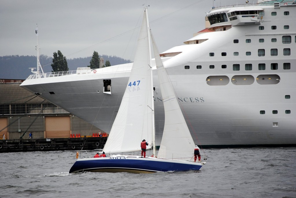 Atilla (John Hunn sailing Atilla past the cruise ship Dawn Princess in Sullivans Cove before today’s Derwent Sailing Squadron pennant race - Derwent Sailing Squadron Racing photo copyright  Andrea Francolini Photography http://www.afrancolini.com/ taken at  and featuring the  class