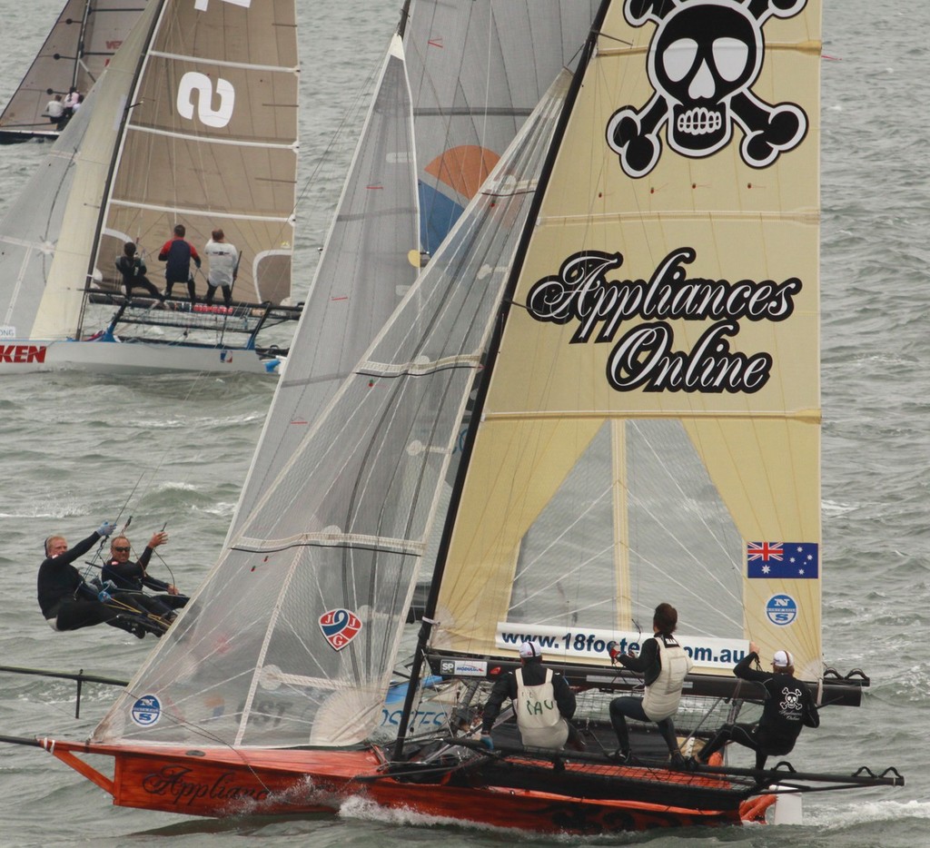 Day 5: 18fters in San Francisco: Herman Winning, on port tack, closes in on Hamlin on starboard © Rich Roberts http://www.UnderTheSunPhotos.com