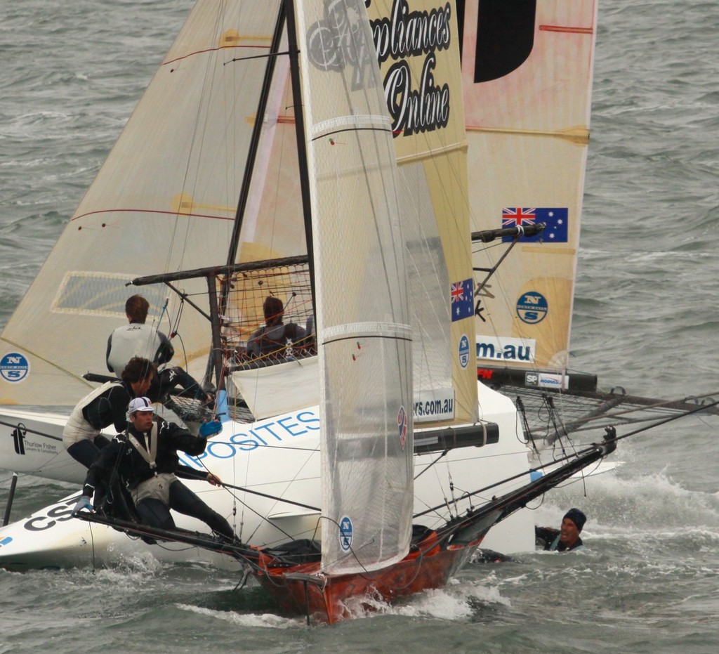 Day 5: 18fters in San Francisco: Hamlin’s skiff capsizes, crew in water <br />
 © Rich Roberts http://www.UnderTheSunPhotos.com