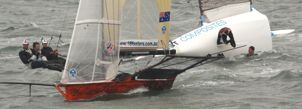 Day 5: 18fters in San Francisco: Australia’s Herman Winning (l.) sails off from post-start collision with USA’s Howard Hamlin in last race  © Rich Roberts http://www.UnderTheSunPhotos.com