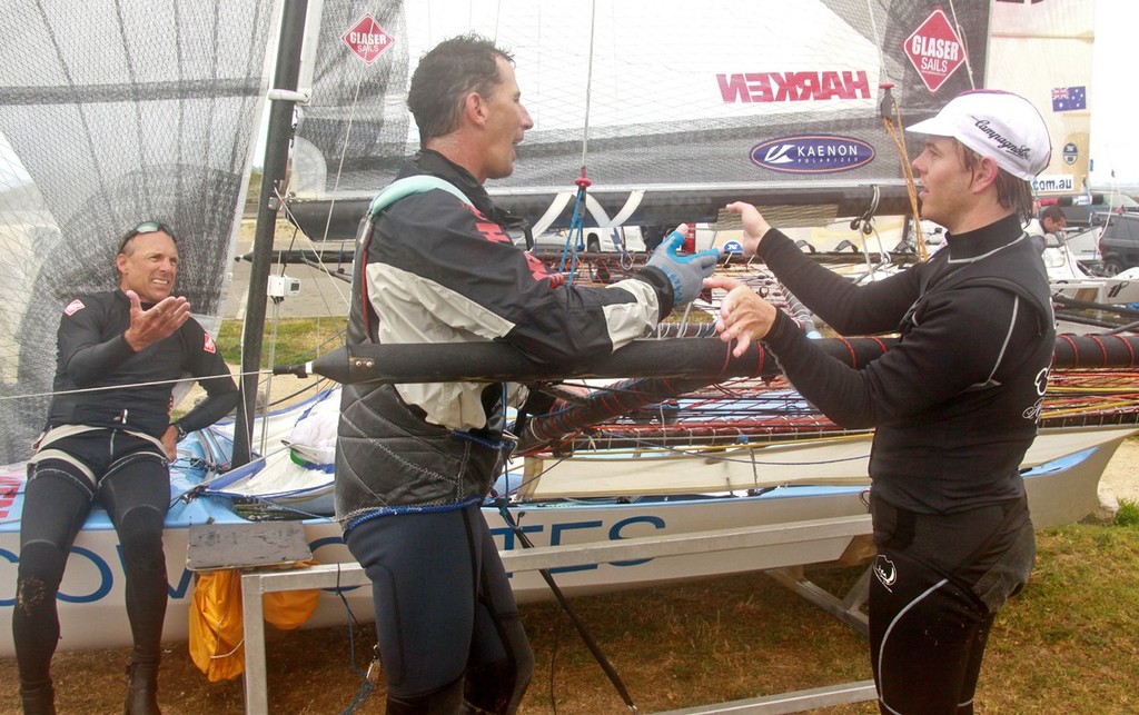 Day 5: 18fters in San Francisco: Hamlin (l.) crew Fritz Lanzinger and Winning discuss it afterward  © Rich Roberts http://www.UnderTheSunPhotos.com