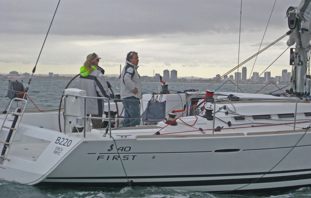 Near the helm is the dog that raised the question, ’Is he part of the crew?’ - ORCV Melbourne Two Handed ©  John Curnow
