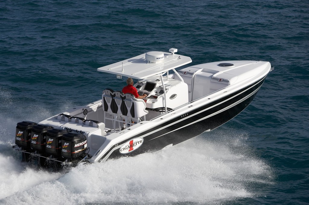 Does the 39 Cigarette Top Fish get up and go? Does it what! With 1200hp from Mercury the fish don’t stand a chance.  © Cigarette Racing