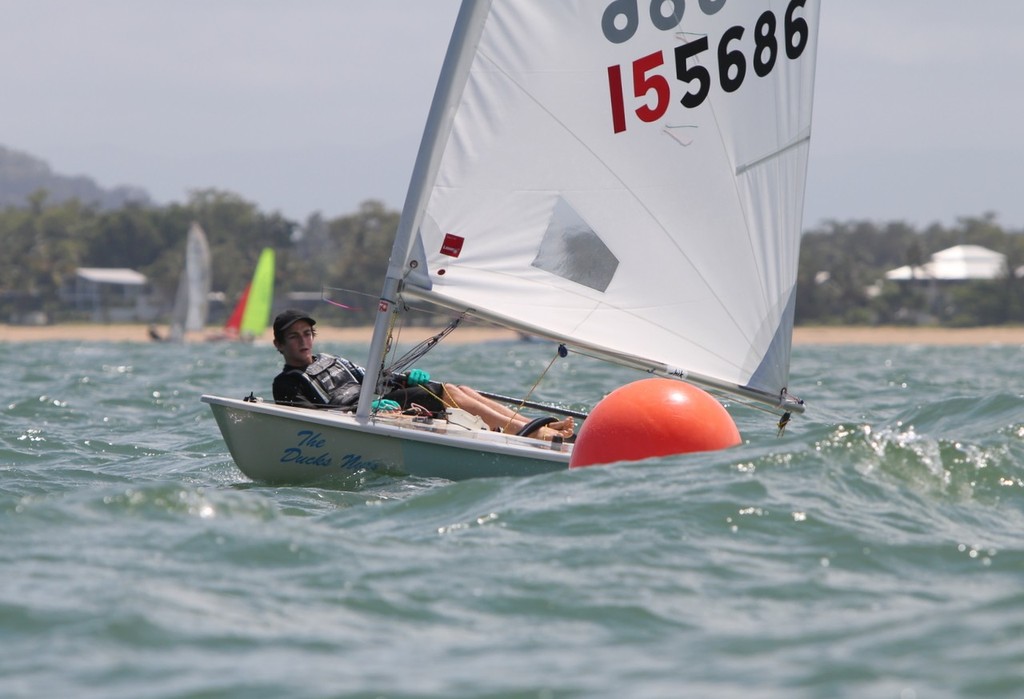 Dane Mouldey from Tinaroo Sailing Club dealing with the strong currents at the top mark. - Zhik Mission Beach Sailing Regatta © Tom Orr