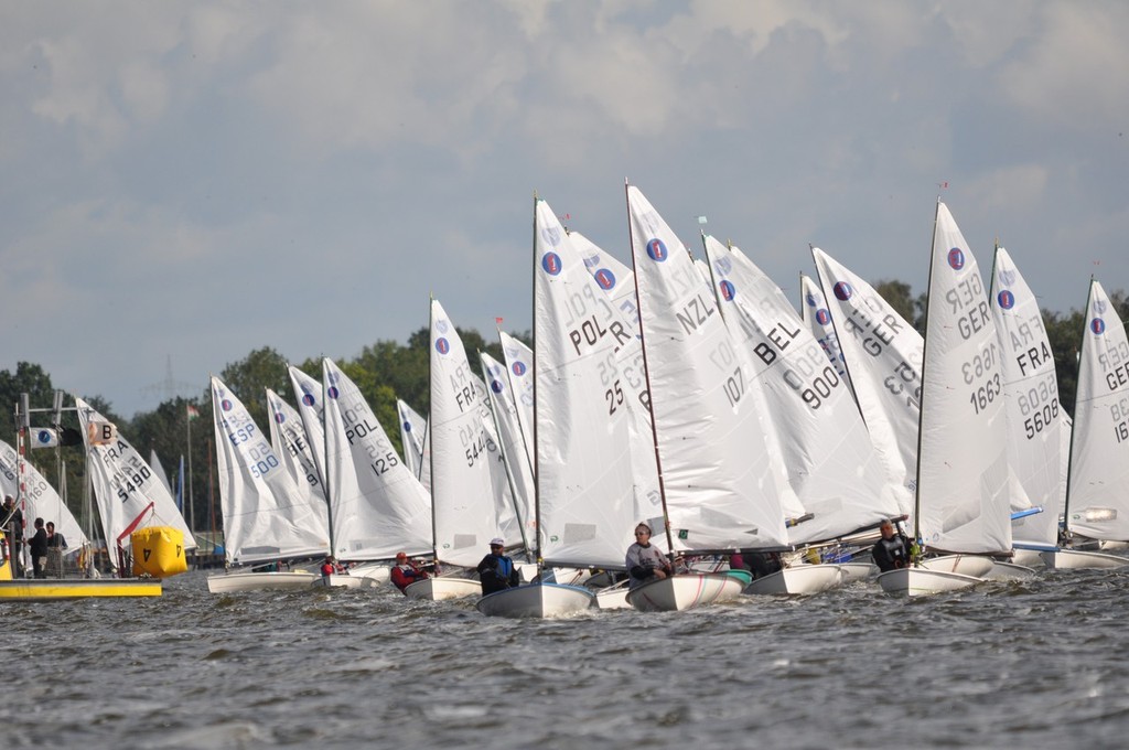 Practice, practice, practice... the fleet at one of the ten or so starts that produced a general recall - International Europe Class Global Veteran Cup 2010 © Tom Oberlies