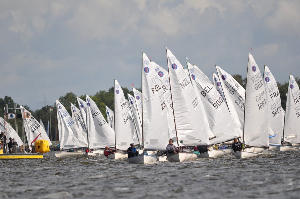 Practice, practice, practice... the fleet at one of the ten or so starts that produced a general recall - International Europe Class Global Veteran Cup 2010 photo copyright Tom Oberlies taken at  and featuring the  class