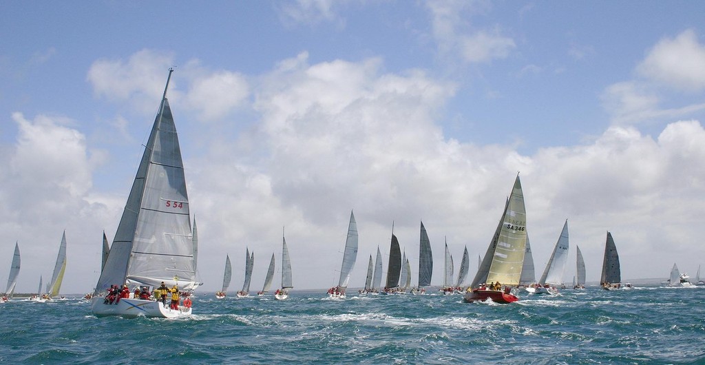 ’Had the worst start of my life’ off the Portsea Pier on December 27 was how John put it. Red hull - SA 346 is them. - Melbourne to Hobart (John Muirhead and the crew of Enchantress who are the SA outright winners of Melb to Hobart West ) ©  John Curnow