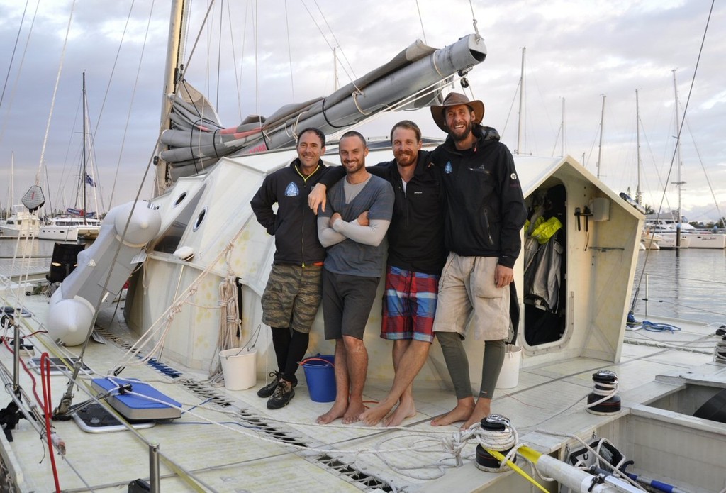 Some of the Plastiki crew looking forward to short shore leave before leaving later this evening for Brisbane - Plastiki arrives at Mooloolaba after 7500 mile crossing of Pacific photo copyright Ben Loftus taken at  and featuring the  class