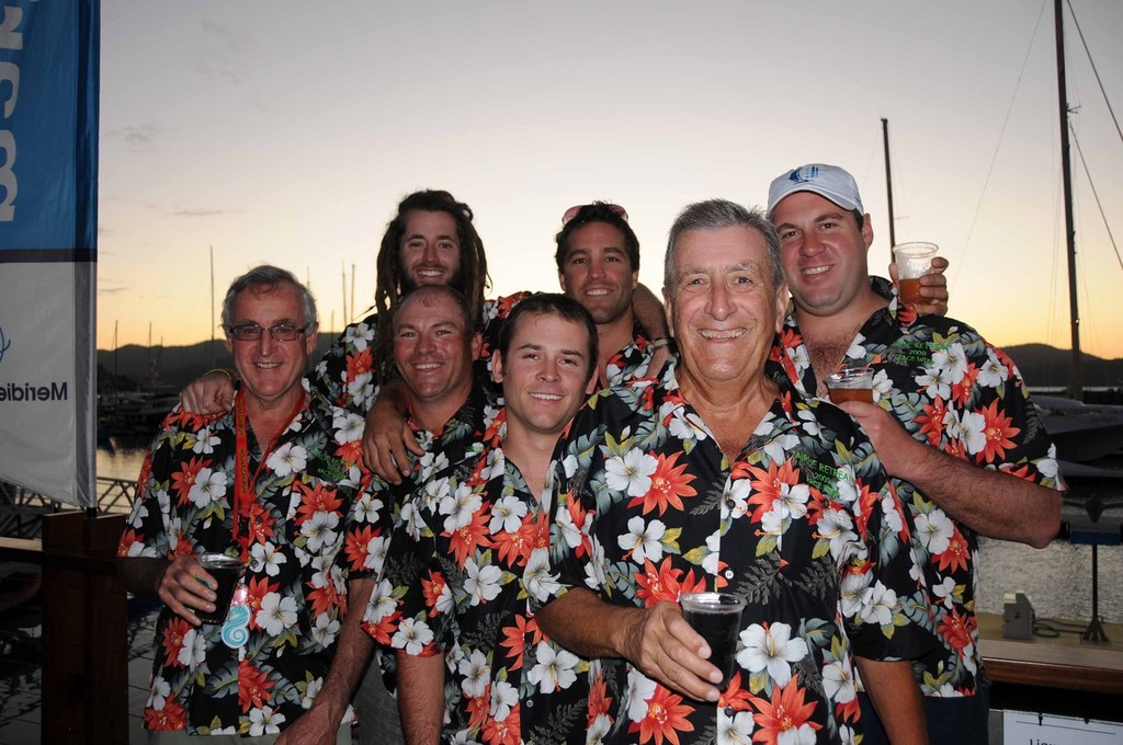 Tropical shirts are part of the rich colour of Airlie Beach Race Week. Here George Challoner’s ‘Airlie Retreat’ crew of Kerry Hoare, Ray Stone, James Challoner, Dan Marino and Sam Meat not only look the part, they also took out the  Performance Racing division in their Elan 37. The team has amassed ten different sets of tropical shirts.  © John Daffy - BluePRINT Public Relations