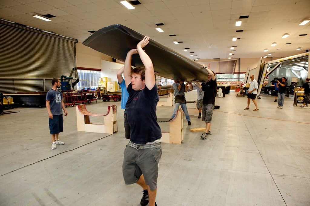 Construction of the AC45 catamaran at Core Builders composite - First hull coming out of its mould © Ivor Wilkins/www.americascup.com www.americascup.com