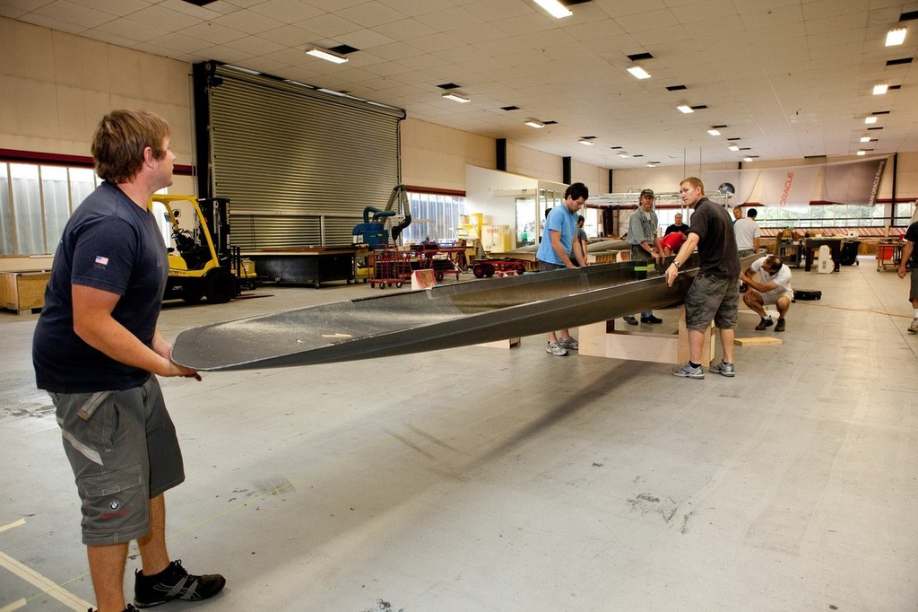 Construction of the AC45 catamaran at Core Builders composite - First hull coming out of its mould © Ivor Wilkins/www.americascup.com www.americascup.com