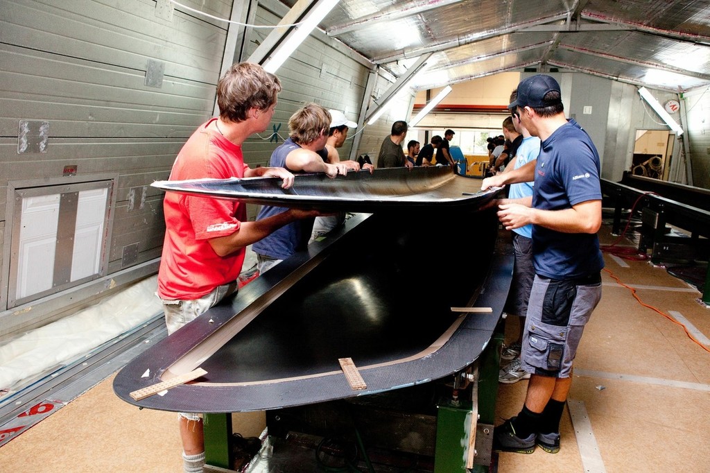 Construction of the AC45 catamaran at Core Builders composite - First hull coming out of its mould © Ivor Wilkins/www.americascup.com www.americascup.com