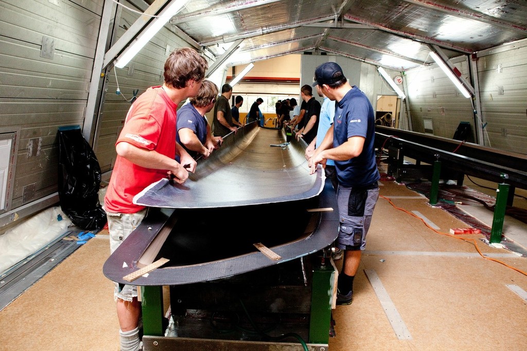 Construction of the AC45 catamaran at Core Builders composite - First hull coming out of its mould © Ivor Wilkins/www.americascup.com www.americascup.com