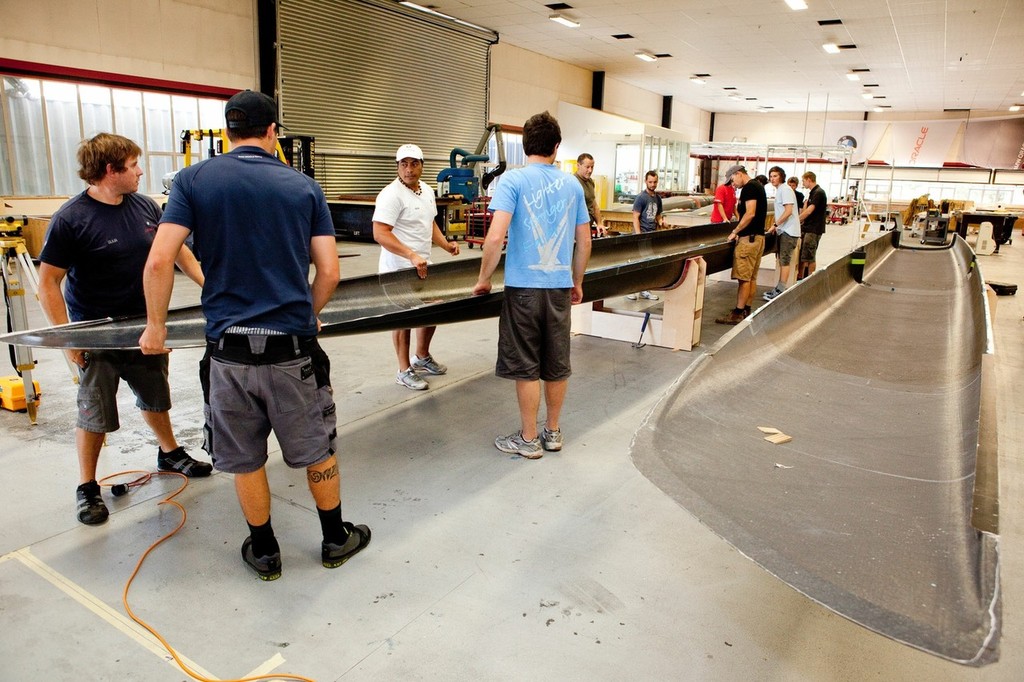 Construction of the AC45 catamaran at Core Builders composite - First hull coming out of its mould © Ivor Wilkins/www.americascup.com www.americascup.com