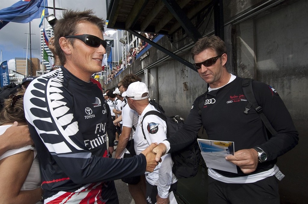 Emirates Team New Zealand helmsman Dean Barker shakes hands with Mascalzone Latino crew after ETNZ win the Louis Vuitton Trophy. Auckland, New Zealand. 21/3/2010 © Chris Cameron/ETNZ http://www.chriscameron.co.nz