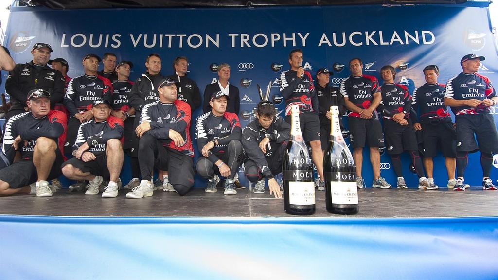 Emirates Team New Zealand crew on stage to receive the Louis Vuitton Trophy after ETNZ beat Mascalzone Latino in the finals. Auckland, New Zealand. 21/3/2010 © Chris Cameron/ETNZ http://www.chriscameron.co.nz