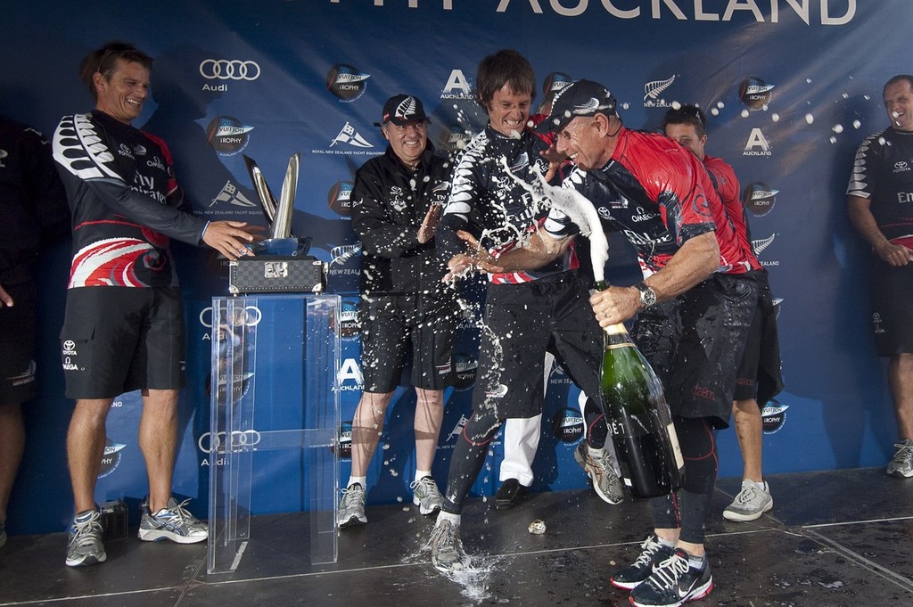 Emirates Team New Zealand CEO Grant Dalton sprays Moet champagne at the Louis Vuitton Trophy prize giving. Auckland, New Zealand. 21/3/2010 © Chris Cameron/ETNZ http://www.chriscameron.co.nz